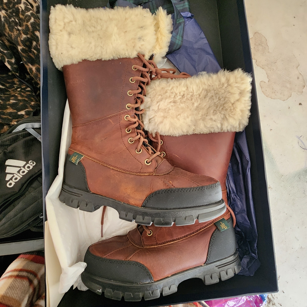 Lauren Ralph Lauren Brown Leather Boots with Cream Fur